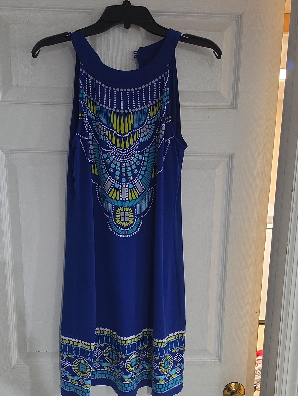 Apt. 9 Royal Blue Sleeveless Halter Tabk Dress with Teal & Yellow Geo Print Sz M